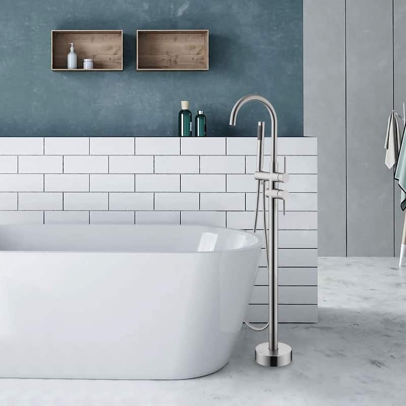 Single Handle Floor Mounted Gooseneck Freestanding Tub Filler - Silver