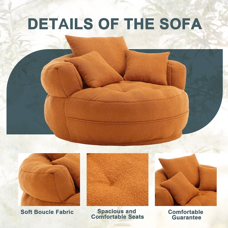 Boucle Upholstered Tufted Barrel Accent Living Room Chair With Toss Pillows