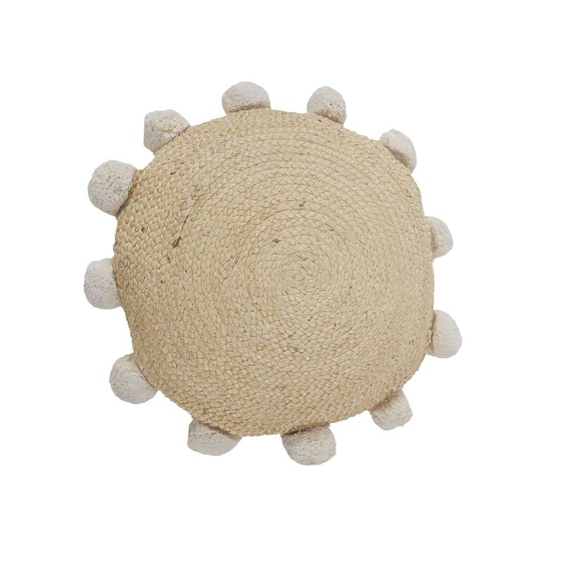 20" Brown and White Pom Pom Border Round Throw Pillow