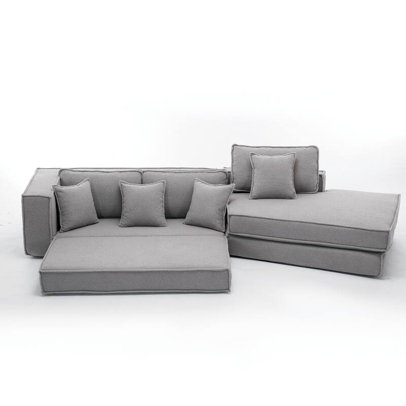 133" Lamb Velvet Convertible Sleeper Sofa with 7 Pillows (3 Back + 4 Throw), Foldable Gaming Bed Design