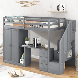 Gray Twin Size Loft Bed with Wardrobe and Staircase, Desk and Storage Drawers and Cabinet in 1