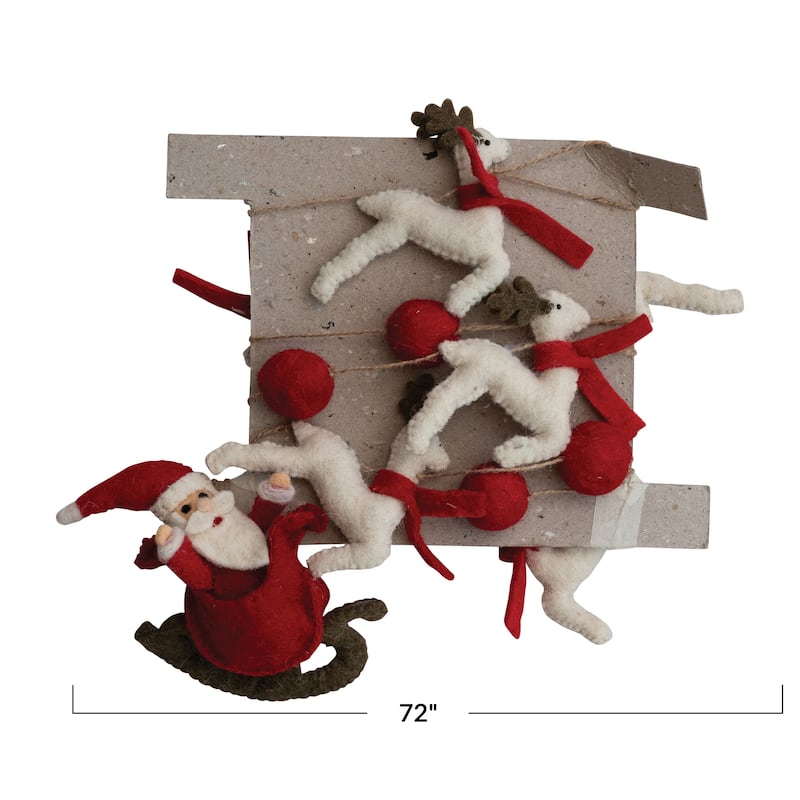 Handmade Wool Felt Santa in Sleigh and Reindeer Garland with Pom Poms and Jute Cord - 72.0"L x 1.5"W x 6.0"H