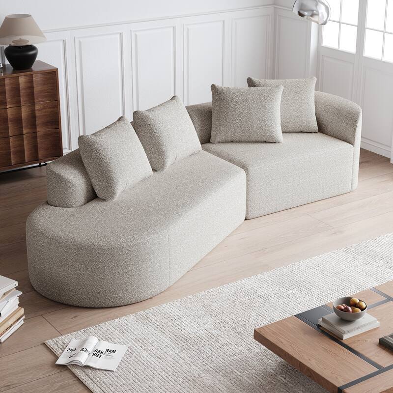 112" U-Shape Sectional Sofa With Chaise | Overstuffed Deep Seat Fluffy Chenille Couch, Beige