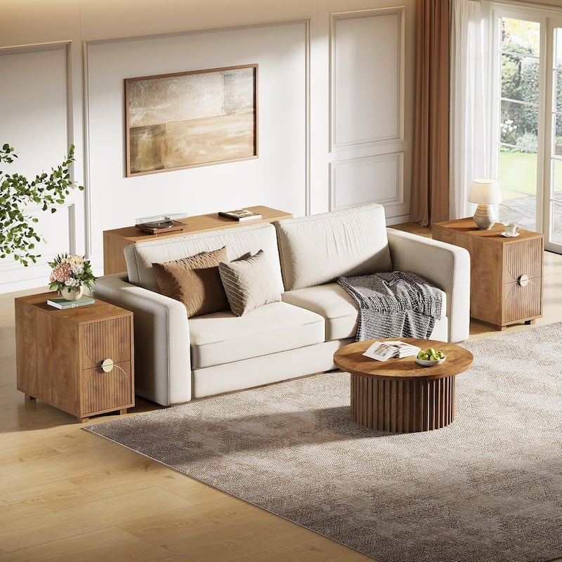 2-Drawer Mid Century Modern Nightstand with Gold Metal Handles, Narrow Slim Bed Side End Table for Bedroom, Living Room