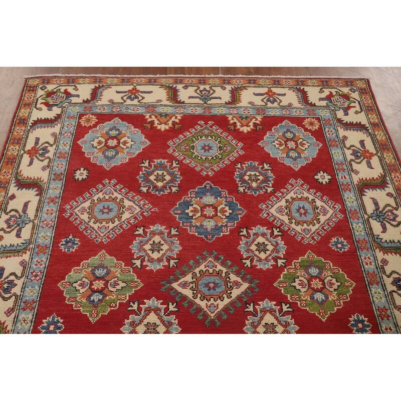 Red Geometric Kazak Area Rug Handmade Wool Carpet - 5'2" x 6'8"