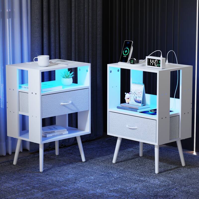 2 Pack Modern Nightstand with Charging Station, Bedside Tables with LED Light and Fabric Drawers - White