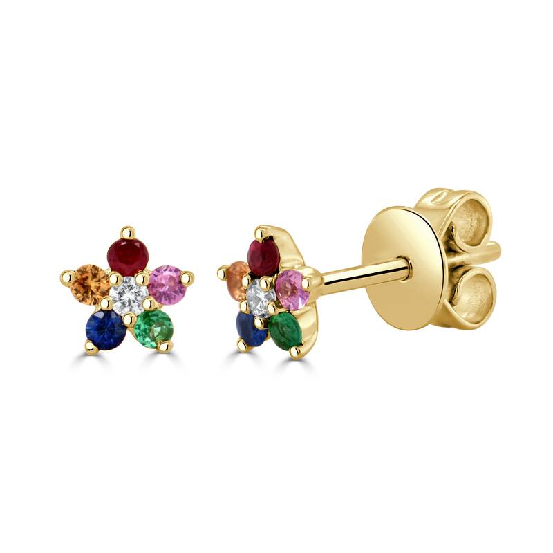 Joelle Collection Flower Stud Earrings Multi Sapphire & Diamond 14K Gold - Blue - Multi-Stone - Yellow