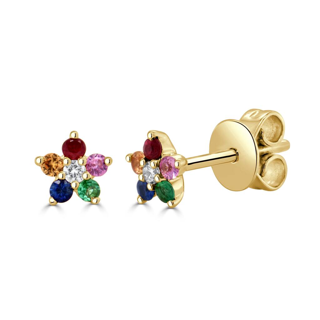 Joelle Collection Flower Stud Earrings Multi Sapphire & Diamond 14K Gold