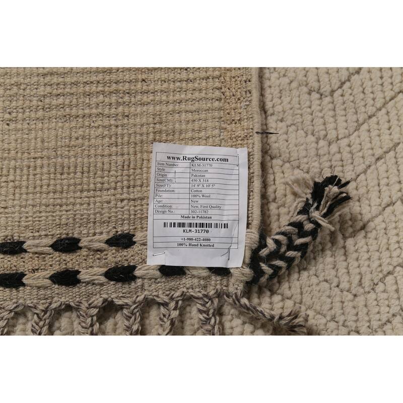 All-Over Ivory Moroccan Oriental Large Rug Hand-Knotted Wool Carpet - 10'5"x 14'9"