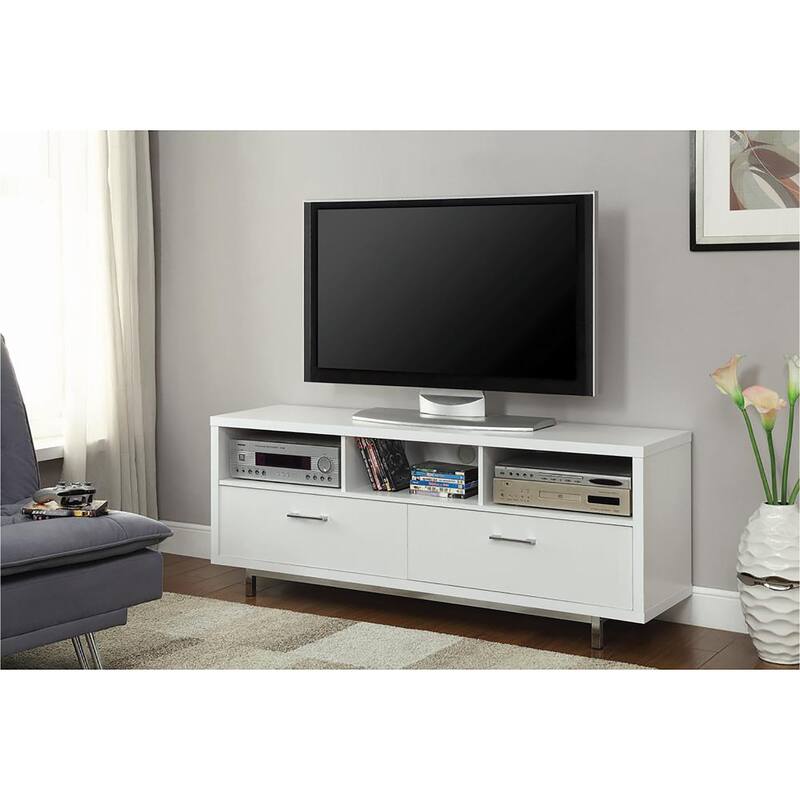 Modern 60" White TV Stand with 2 Drawers and 3 Open Shelves, Contemporary Storage Console for TVs Up to 66"