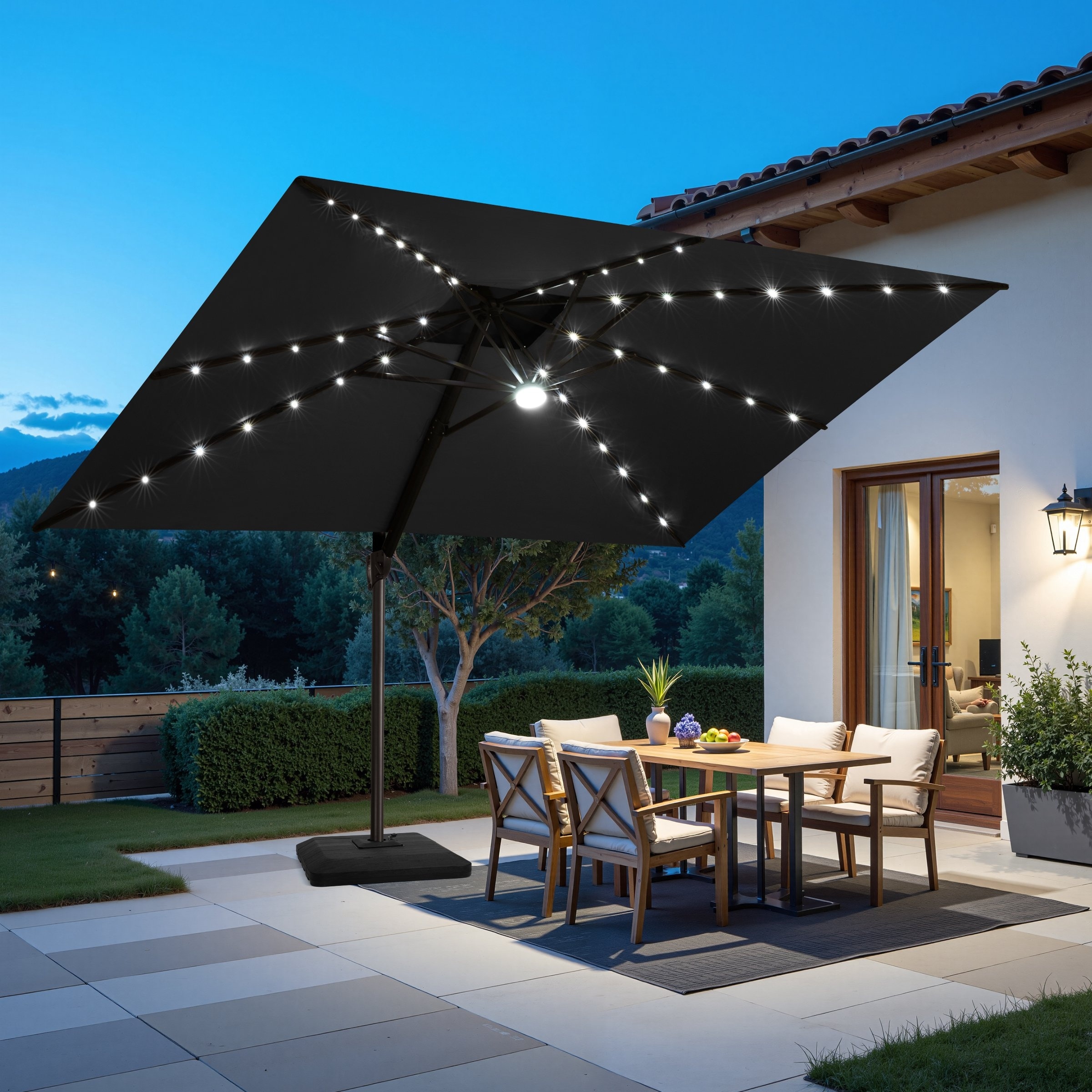 9 x11 FT Outdoor Rectangular Patio Cantilever Offset Umbrella with Weighted Base, Double Top Canopy & LED Lights