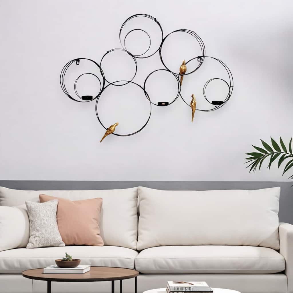 HomeRoots 32" Black And Gold Metal Circles And Birds Hanging Sculpture With Votive Holders