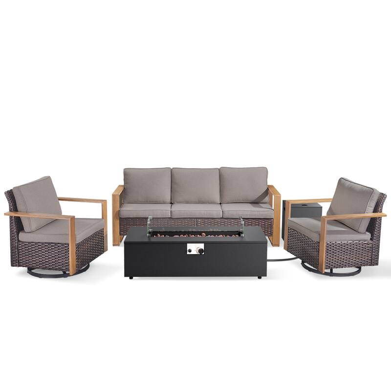 Pocassy 43 In Fire Pit w/ Outdoor Sofa Swivel Chair Ottoman Set