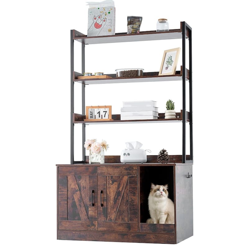 Dark Brown Wooden Cat Litter Box Enclosure Furniture with 3 Shelves and 2 Doors