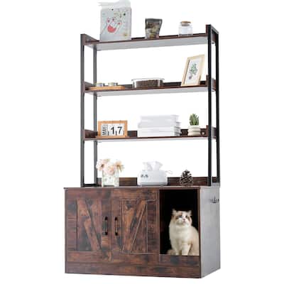 Dark Brown Wooden Cat Litter Box Enclosure Furniture with 3 Shelves and 2 Doors