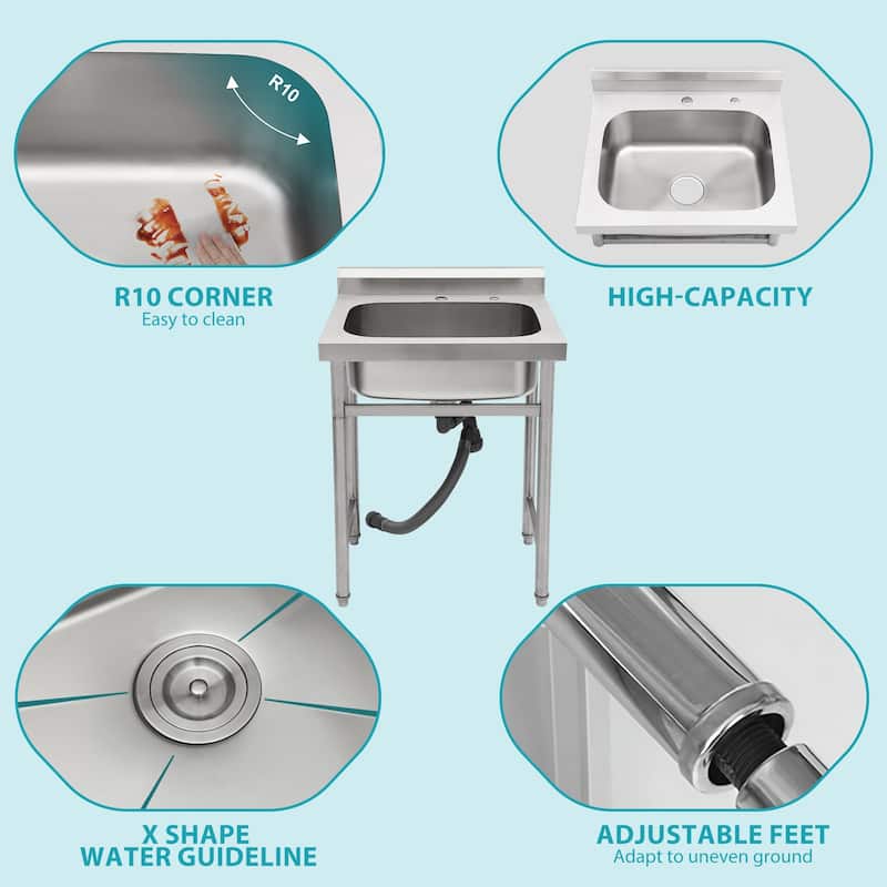 25" x 22" Stainless Steel Large Utility Sink Single Bowl, Freestanding Commercial Restaurant Sink, Utility Sink