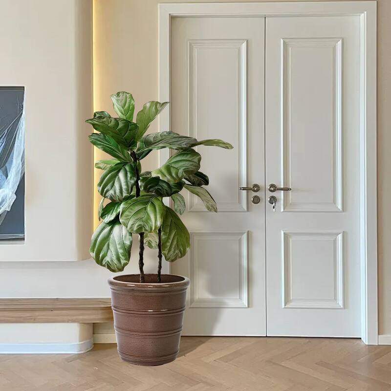 Handmade Glazed Ceramic Planter Set of 3, 16/13/10 Inch Diameter, Horizontal Rib Design