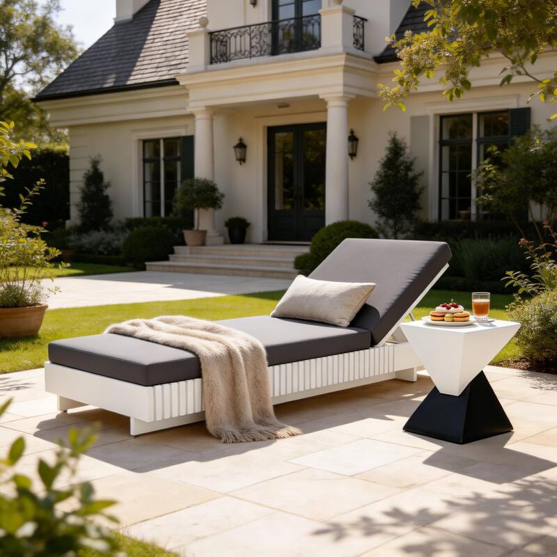 Christopher Knight Home - Gimmie Lounge Chaise Set Acacia Wood with Waterproof Cushion & Adjustable Backrest - White Chaise_Grey Cushion+Single