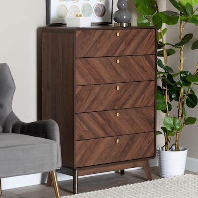 Markell Mid-Century Modern Transitional Walnut Brown Finished Wood 5-Drawer Storage Chest