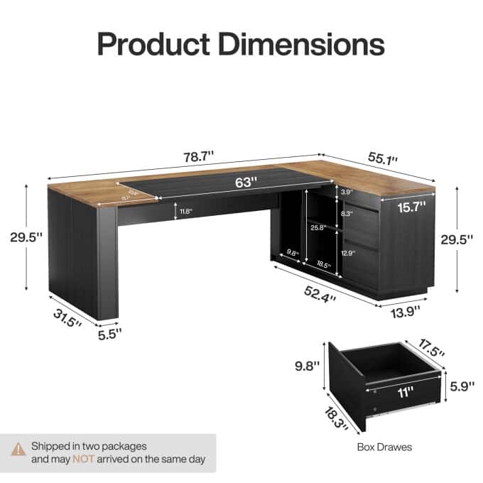 78" L Shaped Executive Office Desk with Cabinet and Storage Shelves