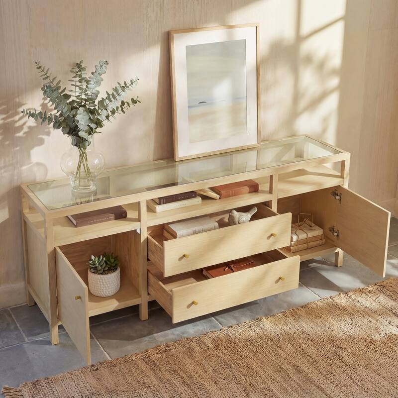 78.7" Solid Wood Sideboard with Tempered Glass Top, Modern Light Oak Buffet Cabinet Console Storage Cabinet