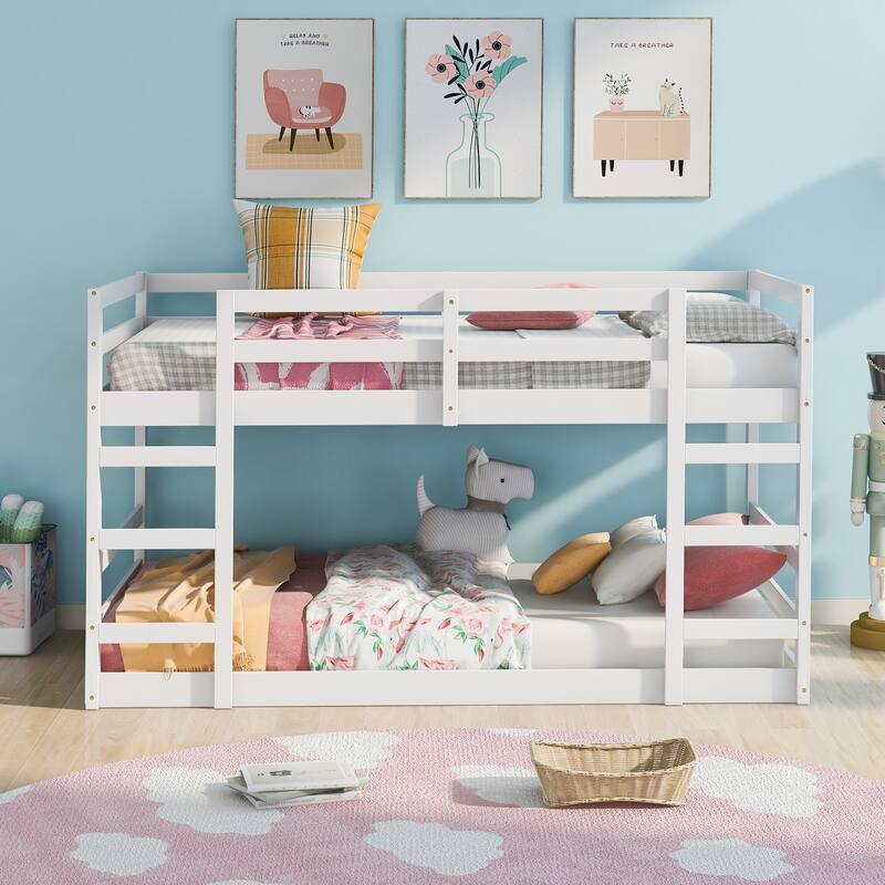 Roomfitters Twin Over Twin Bunk Bed with Ladder, Solid Wood Frame, Space-Saving Modern Bedroom Furniture, White - White