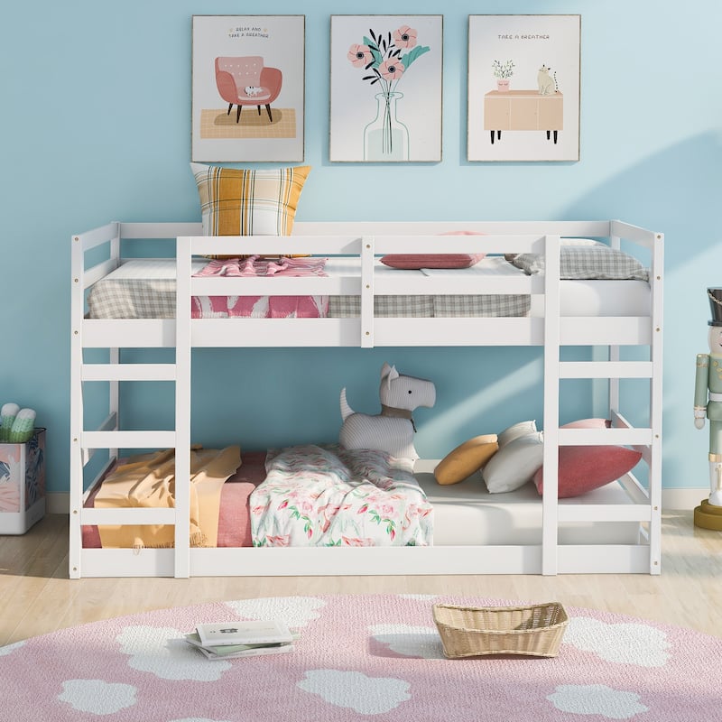 Sturdy Twin over Twin Pine Wood Bunk Bed with Ladder Bed Bath