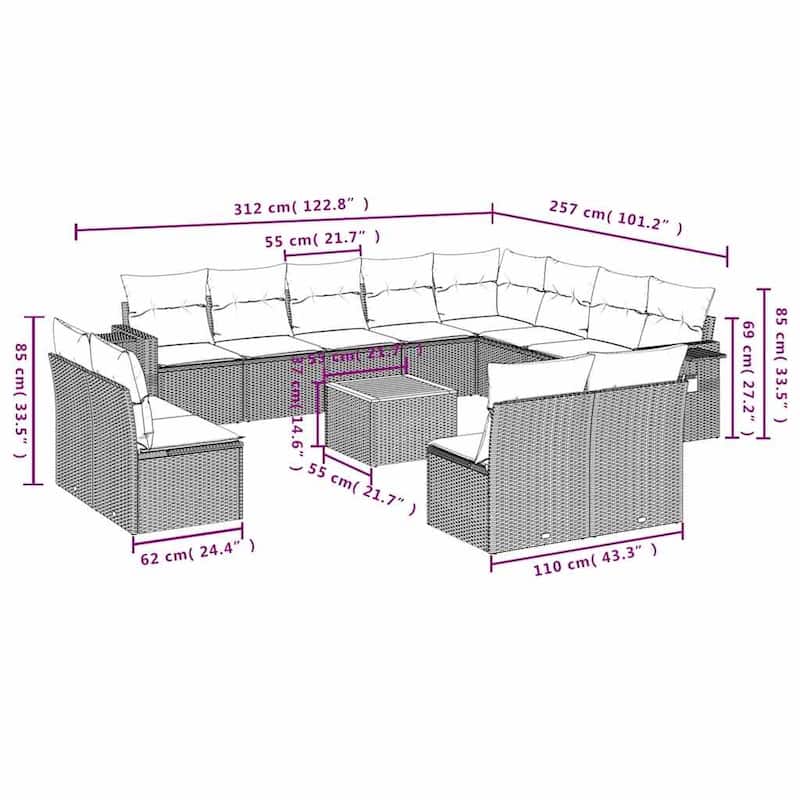 vidaXL 13 Piece Patio Sofa Set with Cushions Black Poly Rattan - 24.4" x 24.4" x 27.2"