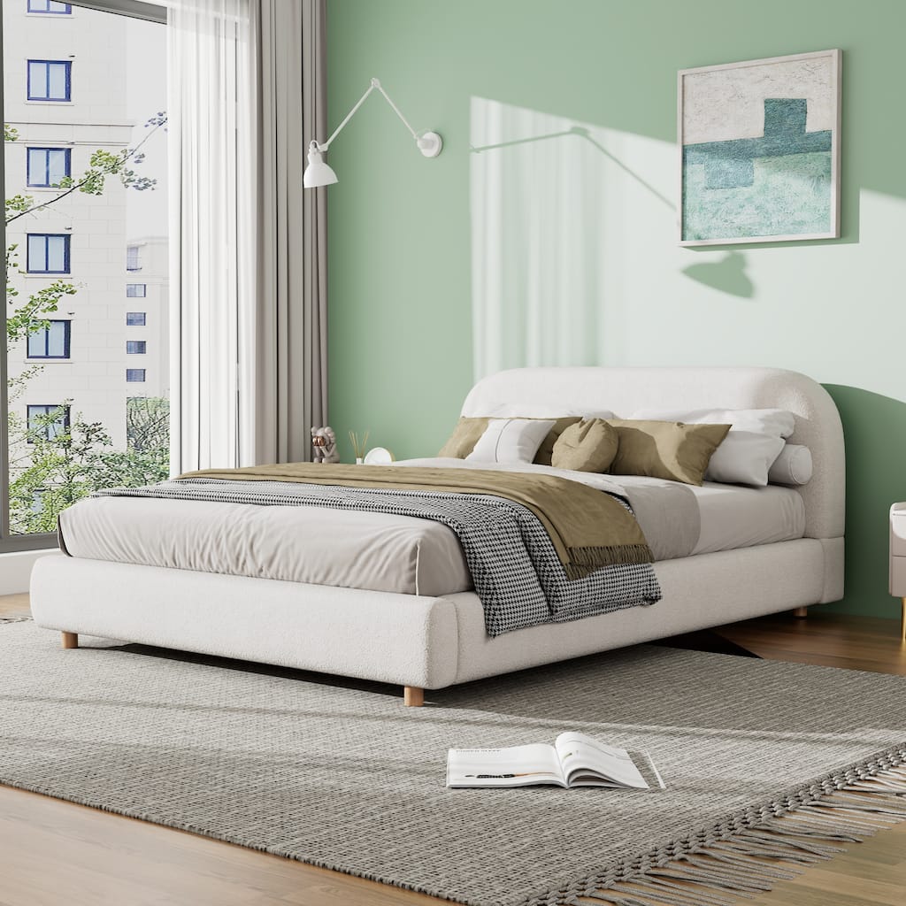 Queen Size Upholstered Bed With Boucle Fabric,Curved-Shape Design Thick Headboard, Solid Wood Legs