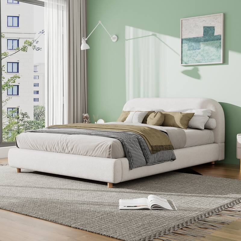 Upholstered Platform Bed Frame Thick Curve-shaped Low Profile Wingback Bed Built-in Metal Frame with Wooden Slats Support - White - Queen