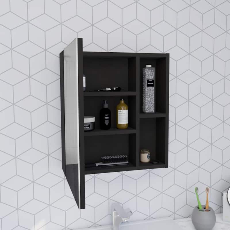 Medicine Cabinet with Mirror and 5 Interior Shelves, Single Door, 19" H - Wall-Mounted Bathroom Storage