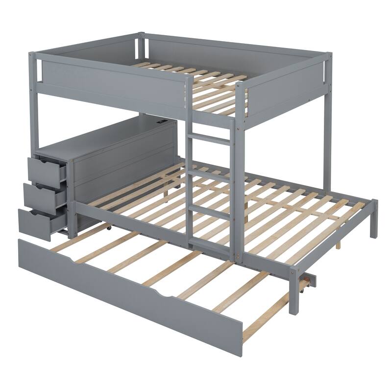 Full-Over-Full Bunk Bed with Twin Trundle, Storage, Desk, and USB Ports, Gray