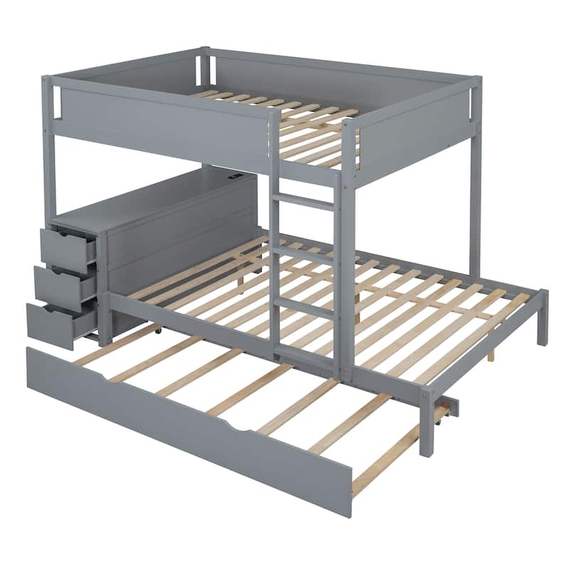 Full-Over-Full Bunk Bed with Twin size Trundle, Storage and Desk, Gray