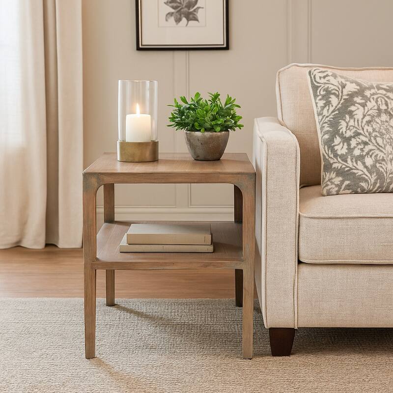 Tuley Corner End Table, Storage Shelf, Gray Pine Wood, 22in Square