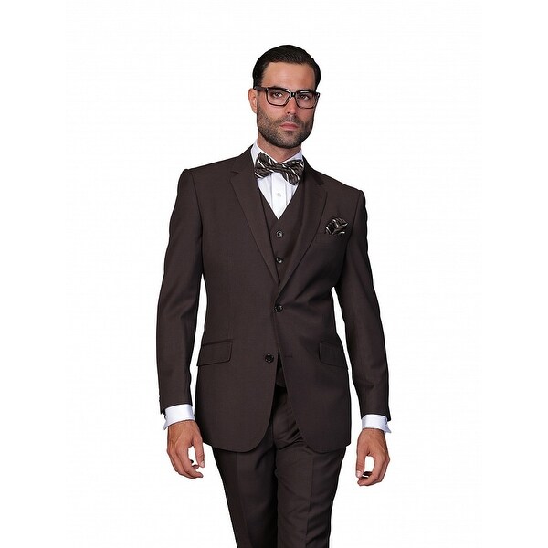ST-100 Men's 3pc Solid BROWN Suit, Modern Fit, 2 Button, 2 Side Vent, Flat Front Pants