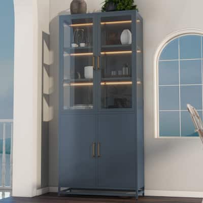 76.75" Tall Curio Cabinet - 3-Sided Glass Display Case with LED Lights - Steel Frame Showcase for Collectibles, Figures