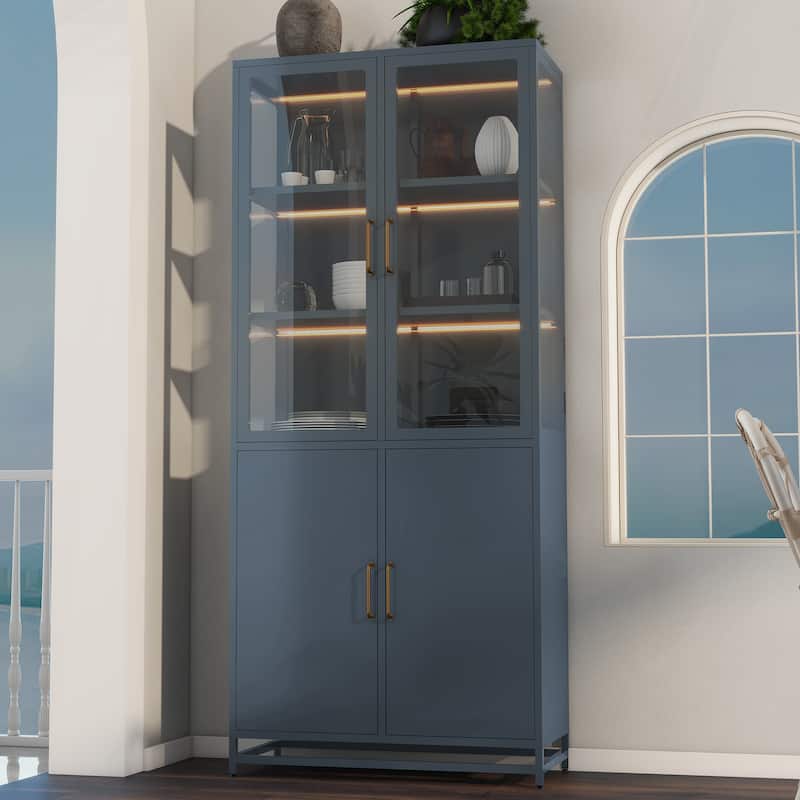76.75'' Tall Display Cabinet with Double Glass Doors and LED Lights Steel Curio Cabinet Trophies 3-Sided Glass Display Case - Dark Blue