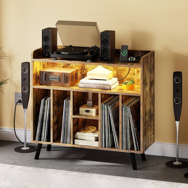 Moasis Record Player Stand, Vinyl Record Storage with Power Outlets and LED Lights, Holds Up to 130 Albums - Rustic Brown
