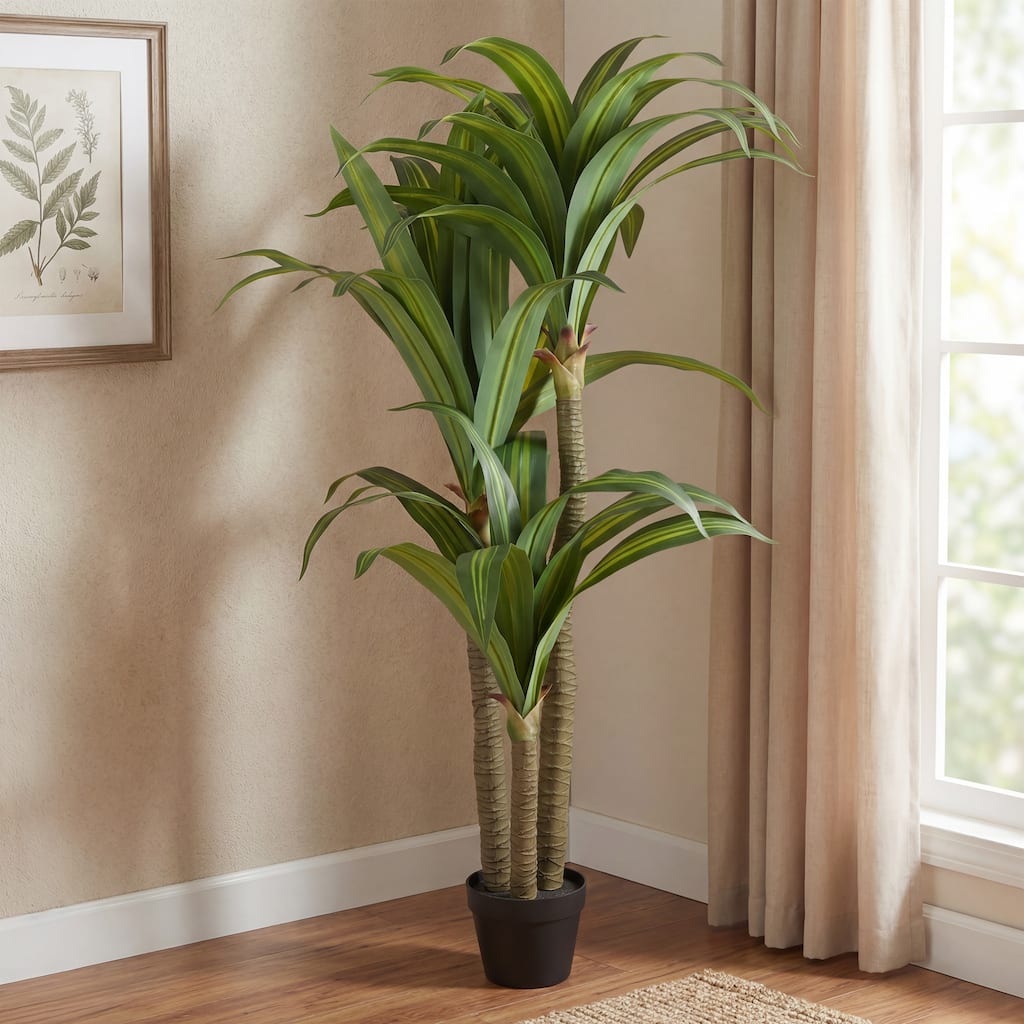 SAFAVIEH 59-Inch Faux Dracaena Tree, Lifelike Artificial Indoor Plant for Home or Office Decor - 7"W x 7"D x 6"H