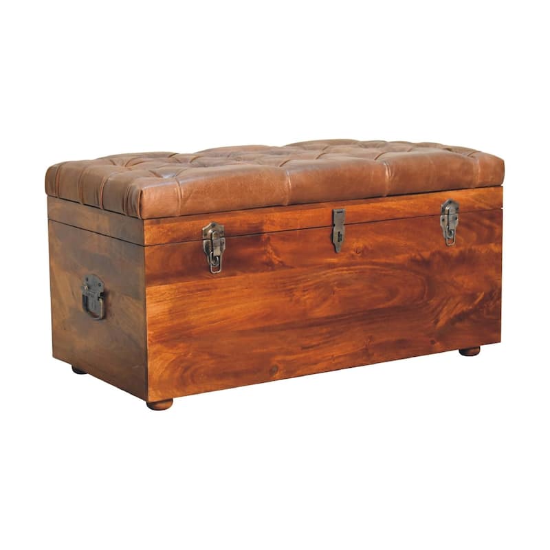 Artisan Furniture Solid Wood Buffalo Hide Chestnut Storage Trunk, Leather, Brown with storage - N/A