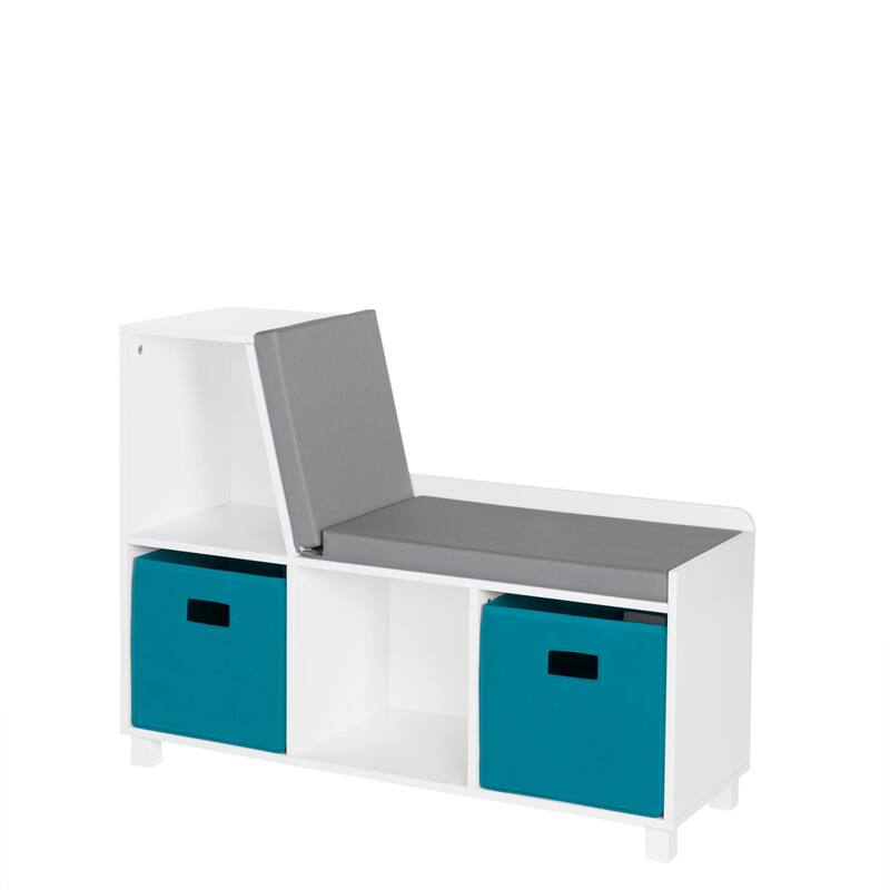 RiverRidge Kids Reading Nook Cushioned Toy Storage Bench with Cubby Organizers with Optional Fabric Bins- White
