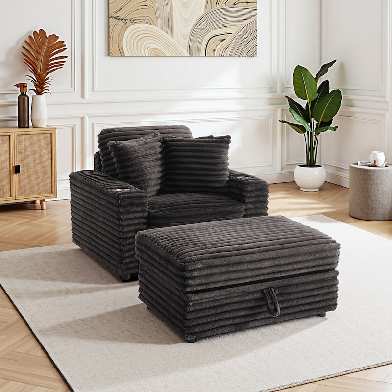Modern Oversize Plush Corduroy Accent Chair Chaise Lounge with Storage Ottoman