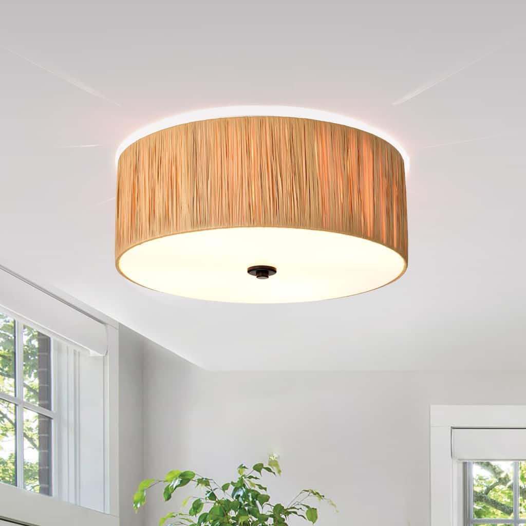 4-Light 16 in. Natural Farmhouse Flush Mount Ceiling Light with Raffia and Acrylic Shade