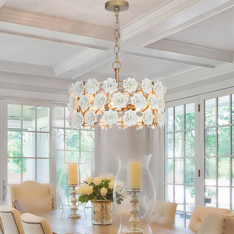 Veitchii Modern Farmhouse Drum Chandelier French Country 3-light Handmade Ceramic Flower - D16" x H 72"