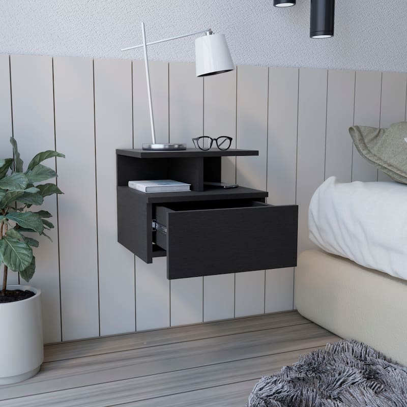 Floating Nightstand , End Table, Side Table Drawer, Open Top Shelves