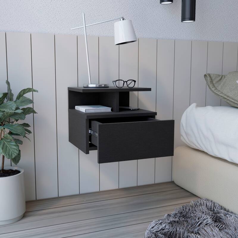 Floating Nightstand with Drawer and Open Shelves, Wall-Mounted Space-Saving Design