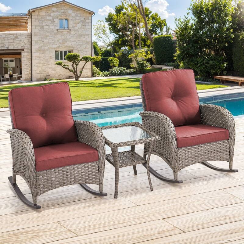 Gymojoy Patio Furniture Set PE Wicker Rocking Chairs & Side Table