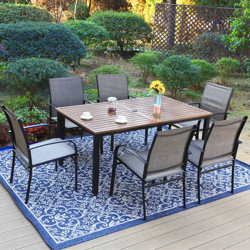 MAISON ARTS Outdoor Patio Dining Set 7 Piece Furniture Set with 6 Textilene Chairs and Metal Rectangular Brown Dining Table