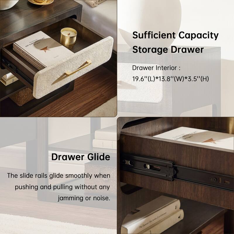 18" Modern Nightstand with Textured Fabric Drawer and 2-Tier Open Shelves