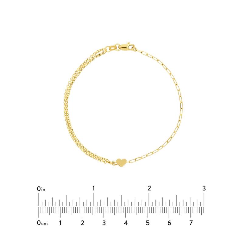 Curata 14k Yellow Gold 7.5" Double Strand Rolo and Paperclip Heart Bracelet